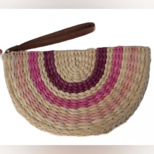 Woven Straw Half-Moon Wristlet Clutch in Pink and Natural